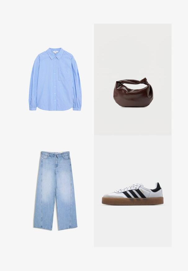 Lichtblauw overhemd met lange mouwen, knoopsluiting en witte verticale strepen, met een kraagontwerp, een zak op de linkerkant van de borst en gathering bij de mouwen.; Lichtblauwe jeans met hoge taille en wijde pijpen, met voor- en achterzakken, riemlussen en een knoop- en ritssluiting.; Witte leren sneakers met zwarte strepen, gumrubberen buitenzool, ronde neus, vetersluiting en een zachte grijze suède neuskap.; Donkerbruine leren schoudertas met een zachte, slungelige vorm en een gedraaide knoopvormige handgreep op een effen witte achtergrond.
