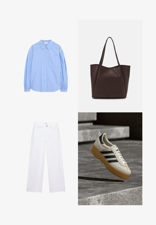 Lichtblauw overhemd met lange mouwen, knoopsluiting en witte verticale strepen, met een kraagontwerp, een zak op de linkerkant van de borst en gathering bij de mouwen.; Witte jeans met hoge taille en wijde pijpen, voorzien van knoop- en ritssluiting, voor- en achterzakken, en zilverkleurige klinknageldetails.; Beige suède sneaker met zwarte strepen, witte veters en een zool van gumrubber. Heeft "SPEZIAL" branding aan de zijkant.; Bruine tote bag gemaakt van glad materiaal, met een grote voorkantzak, twee handvatten en een vereenvoudigd, gestructureerd ontwerp.