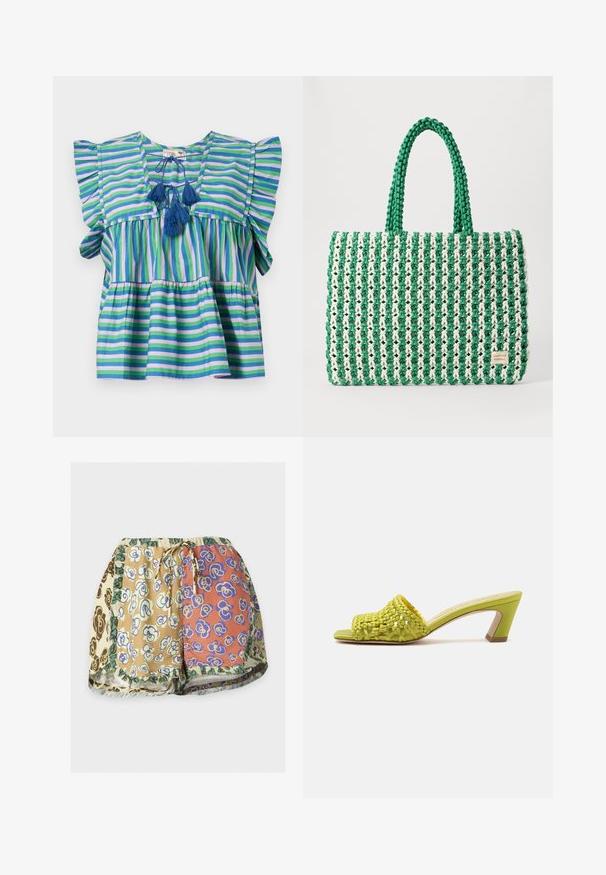 Blusa de algodón a rayas con mangas cortas con volantes, que presenta rayas en azul, verde y púrpura, y tres borlas azules en el cuello.; Pantalones cortos con cintura elástica y cordón, con diseño patchwork y estampados florales multicolores en tonos beige, naranja, marrón y verde.; Tacón mule con punta abierta en verde lima con parte superior de cuero trenzado y tacón de bloque de altura media sobre un fondo liso.; Bolso tote trenzado en verde y blanco con una forma rectangular estructurada, acabado texturizado y dos asas resistentes. Presenta una etiqueta con el logo en el costado.