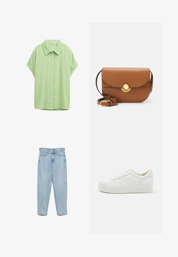 Kortærmet, knap-up skjorte i lyst grønt stof. Har en klassisk krave, en afslappet pasform og en glat tekstur.; Lyseblå højtsiddende denimjeans med forlommer, bæltestropper, knaplukning og tilspidsede ben på en hvid baggrund.; Hvide lædersneakers med tekstureret overdel, polstret krave og flad gummisål. Har diskret syninger og klassisk snørebåndsdesign.; Brun læder crossover-taske med afrundede kanter, magnetisk klaplukning og guldbeslag. Justerbar rem for alsidighed.