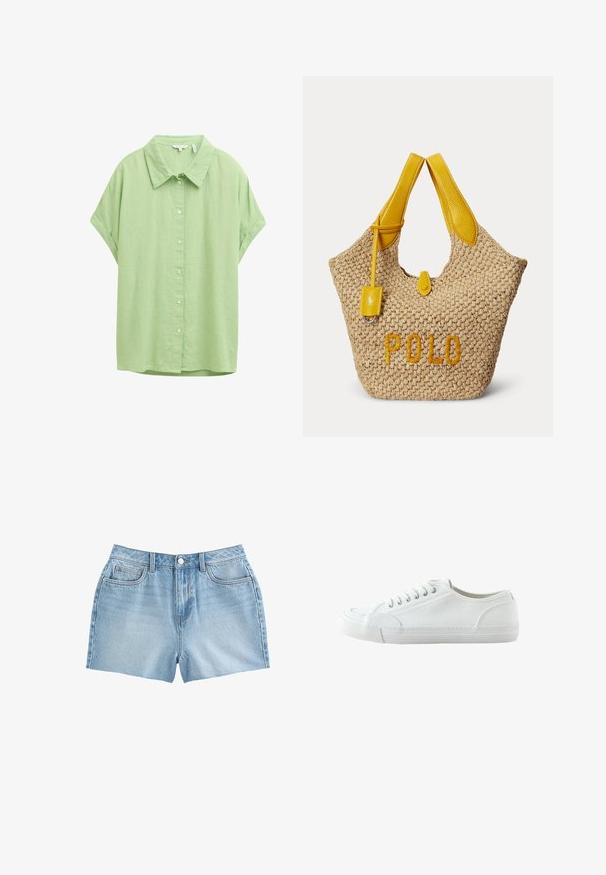 Kortærmet, knap-up skjorte i lyst grønt stof. Har en klassisk krave, en afslappet pasform og en glat tekstur.; Lyseblå denimshorts med frontknap, lynlås, bæltestropper og fem lommer, vist på en hvid baggrund.; Hvid lavtop canvas-sneaker med snørebånd foran, gummisål og struktureret tåhætte, vist fra ydersiden mod en hvid baggrund.; Beige vævet taske med gule læderhåndtag, et lille gult lædermærke og ordet "POLO" broderet i gult foran.