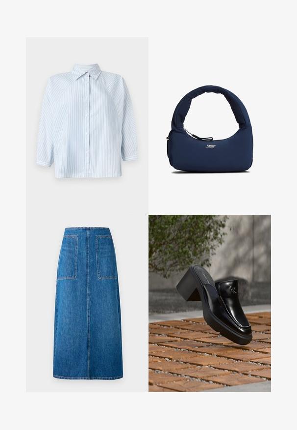 Camisa de botones a rayas azul claro, con cuello, mangas 3/4 y un dobladillo corto. Fabricada en tela suave con un ajuste regular.; Falda de mezclilla en azul oscuro con corte recto, que presenta dos bolsillos traseros y costuras visibles a lo largo del dobladillo y los bordes de los bolsillos.; Mule tipo slip-on de cuero negro de Calvin Klein con tacón de bloque descansando sobre baldosas de madera al aire libre cerca de una planta verde y una pared gris.; Bolso azul marino acolchado con asa curvada y un bolsillo frontal con cremallera, con el logo blanco "tommy jeans" en el centro frontal.