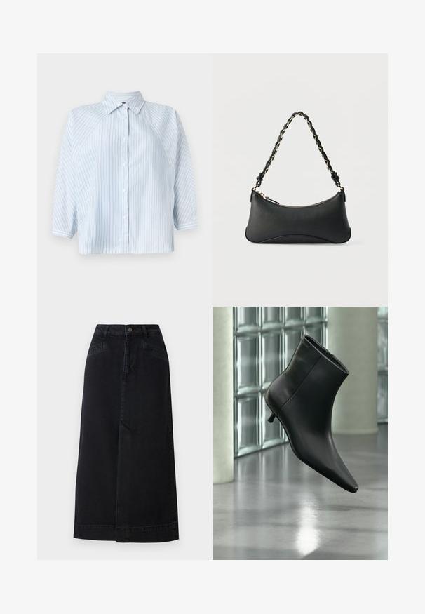 Lysblå stribet skjorte med knapper, der har krave, 3/4-ærmer og en cropped bund. Lavet af glat stof med en normal pasform.; Sort denim midi nederdel med en lige pasform, frontlukning med knapper og sidelommer med diskrete syninger.; Sort læderankelstøvle med spids tå og lav kitten-hæ, vist vinklet mod en poleret gulv- og glasblokvæg.; Sort skuldertaske i læder med en buet rektangulær form, gyldent kæde vævet ind i en flettet sort rem og toplynlås.