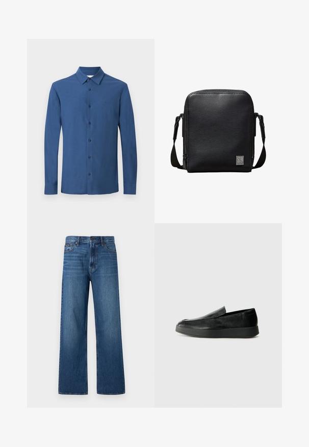 Chemise bleue à manches longues avec col, six boutons visibles et logo brodé discret sur la poitrine, présentée sur un fond uni.; Jean bleu à taille haute et coupe droite, avec bouton et fermeture éclair à l'avant, cinq poches, et un petit patch de marque sur la poche droite.; Calvin Klein HYBRID CUP - Chaussons - triple black; Sac bandoulière en cuir noir texturé avec une bandoulière ajustable et une plaque avant en métal avec le logo Calvin Klein.