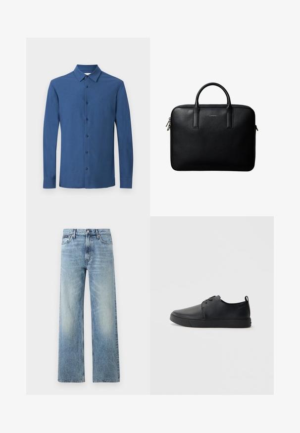 Chemise bleue à manches longues avec col, six boutons visibles et logo brodé discret sur la poitrine, présentée sur un fond uni.; Jean droit en denim bleu clair avec taille haute, cinq poches, fermeture à boutons et léger délavage sur les cuisses et les genoux.; Baskets en cuir noir avec une finition lisse, bout arrondi, coutures ton sur ton, devant à lacets et semelle plate en caoutchouc. Anse au talon.; Mallette en cuir noir texturé avec double poignées et tirettes de fermeture éclair argentées, centrée sur fond blanc.