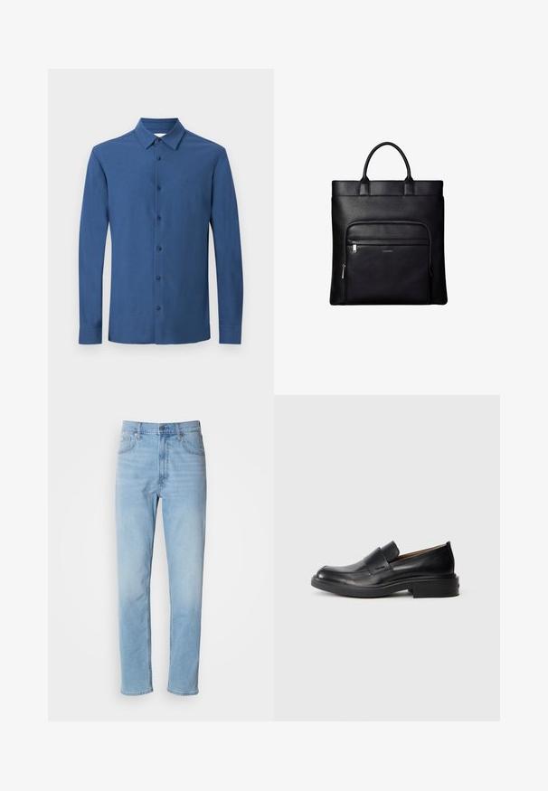 Chemise bleue à manches longues avec col, six boutons visibles et logo brodé discret sur la poitrine, présentée sur un fond uni.; Jean en denim bleu clair avec une coupe droite, cinq poches et passants de ceinture. Le tissu présente une texture lisse avec un léger effet dégradé.; Chaussure habillée noire en cuir, à enfiler, avec un petit talon et un logo Calvin Klein discret sur le côté, présentée de profil sur un fond blanc.; Sac cabas en cuir noir avec anses supérieures et poche avant zippée portant un petit logo Calvin Klein sur la poche.