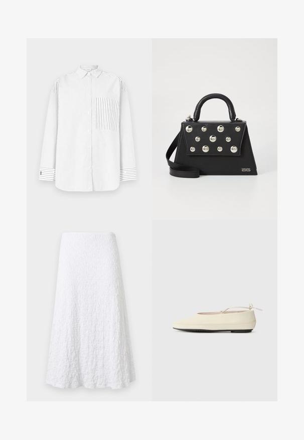 Chemise blanche à manches longues avec boutons, ornée de fines rayures noires verticales, poche avant asymétrique rayée, et poignets rayés.; Jupe midi blanche texturée en ligne A avec tissu légèrement froissé et ourlet évasé.; Des chaussures plates de couleur crème avec un bout arrondi, une sangle à la cheville et une semelle en caoutchouc noir contrastante. Matériau lisse avec un detailing minimal.; Sac à main noir avec une forme structurée, doté d'une poignée supérieure, d'une bandoulière et de clous décoratifs en métal à l'avant.