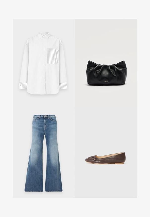 Chemise blanche à manches longues avec boutons, ornée de fines rayures noires verticales, poche avant asymétrique rayée, et poignets rayés.; Jean bleu taille haute à jambes larges avec devant délavé, design à cinq poches, passants pour ceinture et fermeture à bouton sur fond blanc.; Ballerine en cuir marron avec un bout arrondi, des détails froncés à l'avant et une semelle plate de couleur claire.; Pochette en cuir souple noir avec design froncé et petit logo doré "Furla" centré sur le devant.