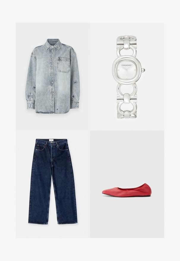 Lyseblå denimskjorte med lange ærmer, knaplukning foran, enkelt brystlomme og krydsbroderi detaljer på ærmerne.; Mørkeblå denim brede bukser med høj talje, forlommer og en glat tekstur med subtile stikningsdetaljer.; Filippa K REY FLATS - Ballerinasko - bright red; Sølvtonet ur med et afrundet rektangulært urglas, minimalisk hvid urskive og et kædetræksarmbånd med polerede detaljer.