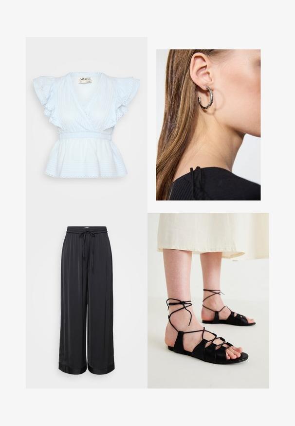 Blusa de algodón azul claro con mangas acampanadas, escote en V y cintura fruncida. Tela texturizada con rayas horizontales y detalles de encaje.; Pantalones anchos negros hechos de una tela suave, con una cintura elástica y cordones, y una textura ligeramente brillante.; Sandalias planas de cuero negro con diseño entrecruzado y lazadas en el tobillo, que presentan una textura suave y estilo de punta abierta.; Pendiente de aro de plata con un acabado pulido, que presenta pequeños detalles en dorado y una forma redonda, llevado en el lóbulo.