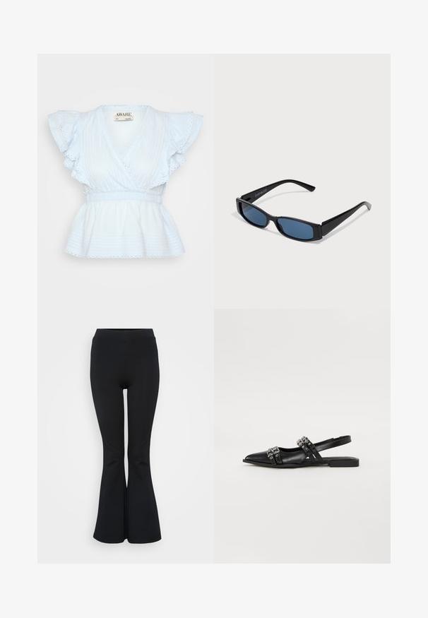 Blouse en coton bleu clair avec des manches volantées, décolleté en V et taille froncée. Tissu texturé avec des rayures horizontales et des accents en dentelle.; Leggings noires évasées en matériau extensible. Dotés d'une taille haute et d'une texture lisse. Se terminent par un ourlet évasé.; Even&Odd by Zalando Ballerines à brides arrière - black; Lunettes de soleil noires avec une monture rectangulaire élégante et des verres bleus. Présente une texture lisse et des branches robustes. Logo de la marque sur le côté.