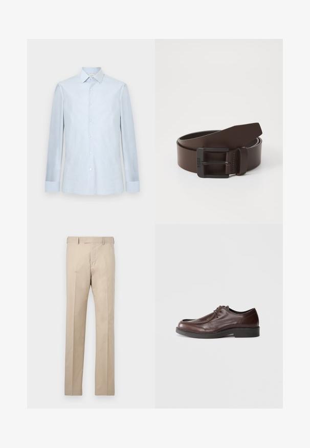 Chemise homme bleu clair à manches longues, fermeture boutonnée sur le devant, col pointu et motif à carreaux discret.; Pantalon de costume beige à jambe droite avec passants pour ceinture, fermeture éclair avant et plis, sur un fond uni.; Chaussure habillée en cuir marron avec un bout arrondi, des accents de couture minimum, et une semelle noire robuste. Présente un système de laçage et une texture lisse.; Ceinture en cuir brun avec une boucle rectangulaire en métal noir, présentant des détails de couture le long des bords et une texture lisse.