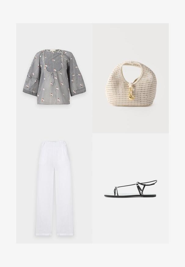 Gestreepte blouse in blauw en wit met bloemdecoraties, ronde hals, driekwart mouwen en een geplooide lijfje voor een ontspannen pasvorm.; Witte linnen brede broek met een elastische tailleband, twee zijzakken en een rechte pasvorm met opgerolde manchetten.; Zwarte platte sandaal met dunne bandjes, een teenlus en een verstelbare enkelgesp op een lichtgrijze achtergrond.; Crèmekleurige geweven handtas met afgeronde vorm, korte handgreep en decoratieve goudkleurige gesp die aan de voorkant in het midden hangt.