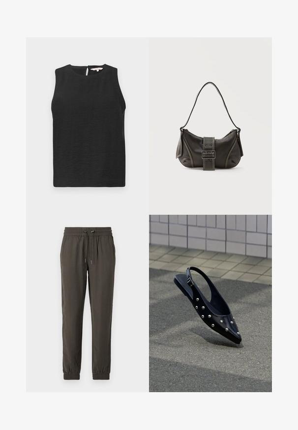 Zwart mouwloos topje gemaakt van textuurstof met een ronde halslijn en een sleutelhoel sluiting aan de achterkant. Eenvoudig en minimalistisch design.; Donkergroene joggingbroek van lichtgewicht stof, met een elastische tailleband met een trekkoord en elastische boorden bij de enkels.; Zwarte puntige slingback schoen met zilveren studs, zwevend boven asfalt bij een achtergrond van betegelde muur.; Zwarte leren schoudertas met gespsluiting aan de riem, afgeronde hoeken en contrasterende witte stiksels op een effen achtergrond.