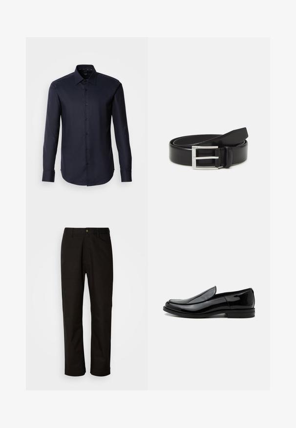 Dunkelblaues, langärmeliges Hemd mit Knopfleiste aus glattem Stoff. Verfügt über einen spitzen Kragen und Ein-Knopf-Manschetten. Minimalistisches Design ohne Muster.; Schwarze Baumwollhosen mit geradem Schnitt, Gürtelschlaufen, einem Reißverschluss vorne und einem einzelnen Knopfverschluss. Glatte Textur ohne sichtbare Muster.; Schwarzer glänzender Lederslipper mit niedrigem Absatz und abgerundeter Spitze, seitlich auf weißem Hintergrund betrachtet.; Schwarzer Leder-Gürtel mit glänzender Oberfläche; ausgestattet mit einer silbernen Metallschnalle im rechteckigen Rahmendesign und glatten Kanten.
