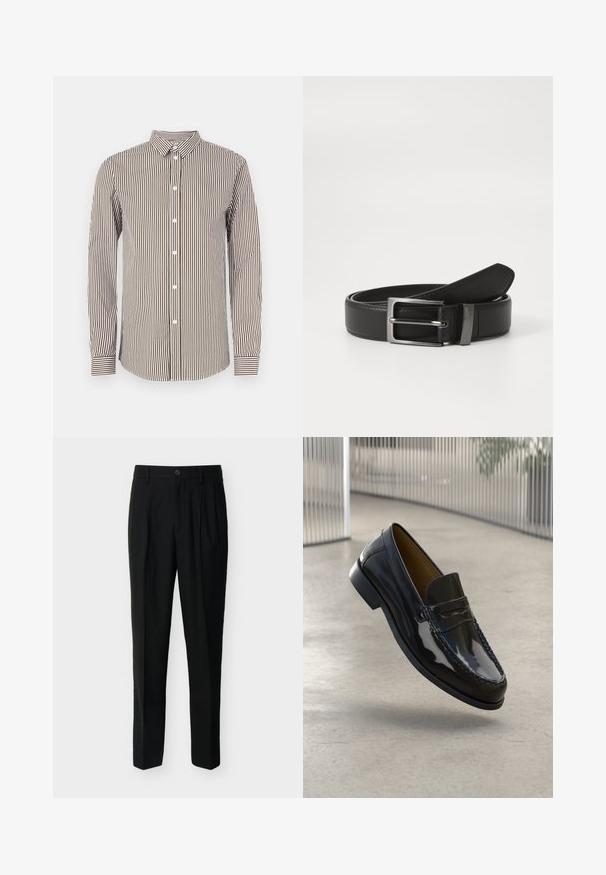 Chemise à manches longues à rayures marron et crème avec un col à boutons, dotée de boutons blancs et de poignets à motifs. Texture de tissu lisse.; Pantalon noir taille haute, ajusté, avec passants de ceinture, plis à l'avant, poches latérales et fermeture boutonnée avec zip.; Mocassin en cuir verni noir avec un accent cousu, bout rond, petit talon et surface lisse, présenté sur un fond neutre.; Ceinture en cuir noir avec une boucle en métal argenté, présentant une finition lisse et un design classique. La ceinture est soigneusement pliée.