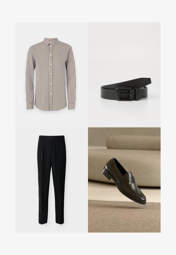 Chemise à manches longues à rayures marron et crème avec un col à boutons, dotée de boutons blancs et de poignets à motifs. Texture de tissu lisse.; Pantalon noir taille haute, ajusté, avec passants de ceinture, plis à l'avant, poches latérales et fermeture boutonnée avec zip.; Mocassin en cuir noir flottant au-dessus d'un tapis beige avec un canapé beige en arrière-plan, mettant en valeur le design classique pour hommes sans lacets.; Ceinture en cuir noir avec une boucle en métal noir mat, présentant une texture lisse et un design simple. Longueur réglable avec une extrémité effilée.