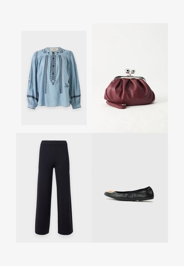 Blouse bleu clair à manches longues avec broderie géométrique noire, patte de boutonnage, épaules froncées et manches avec poignets.; Pantalon noir à jambes larges avec une taille haute et des ourlets retroussés, présenté sur un fond clair uni.; Ballerine en cuir noir avec un bout arrondi, présentant un accent en métal doré sur le bout, une texture lisse et une semelle flexible.; Petit sac pochette en cuir bordeaux avec fermoir métallique argenté et bracelet sur fond blanc.