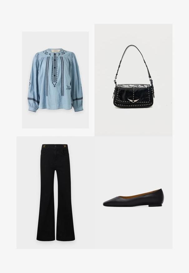 Blouse bleu clair à manches longues avec broderie géométrique noire, patte de boutonnage, épaules froncées et manches avec poignets.; Jean noir évasé avec taille haute, cinq poches, détails en métal doré, et une texture denim lisse.; Chaussure plate en cuir noir à bout pointu avec talon bas et finition lisse, vue de côté sur un fond gris clair.; Sac à épaule en cuir noir avec des clous argentés et un emblème métallique ailé sur le rabat avant sur fond uni.