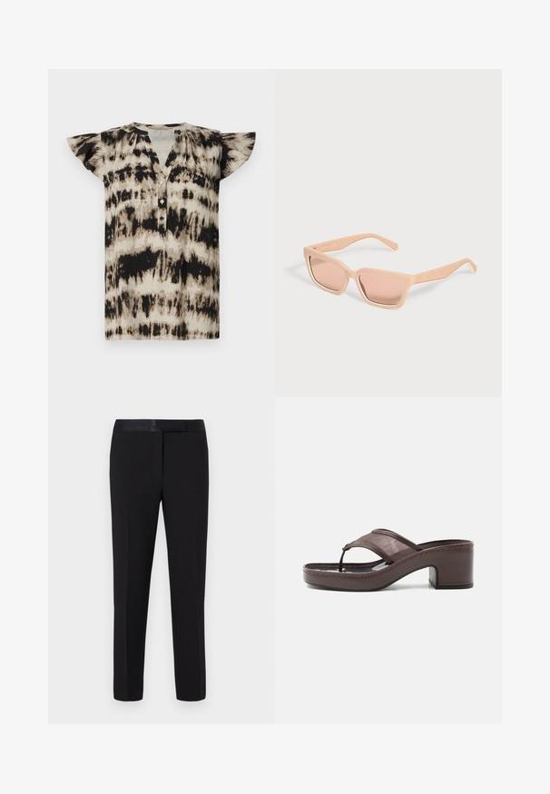 Lyhythihainen nappipaita beige- ja mustapilkullisessa kuosissa. Pehmeä kangas, jossa on leikkisät hihat ja väljä malli. Pyöreä pääntie.; Musta housut, joissa on sileä pinta, suora leikkaus ja satiinivyötärö. Ominaisuuksiin kuuluu minimaalinen koristelu ilman näkyviä kuvioita tai korostuksia.; Ruskea korollinen sandaali, jossa verkkohihna ja varvasremmi, lohkokorko ja ommeltu pohja, esitetty sivuprofiilissa valkoisella taustalla.; Suorakaiteen muotoiset vaalean persikanväriset aurinkolasit, joissa paksut kehykset ja värilliset linssit, yksinkertaisella vaalealla taustalla.