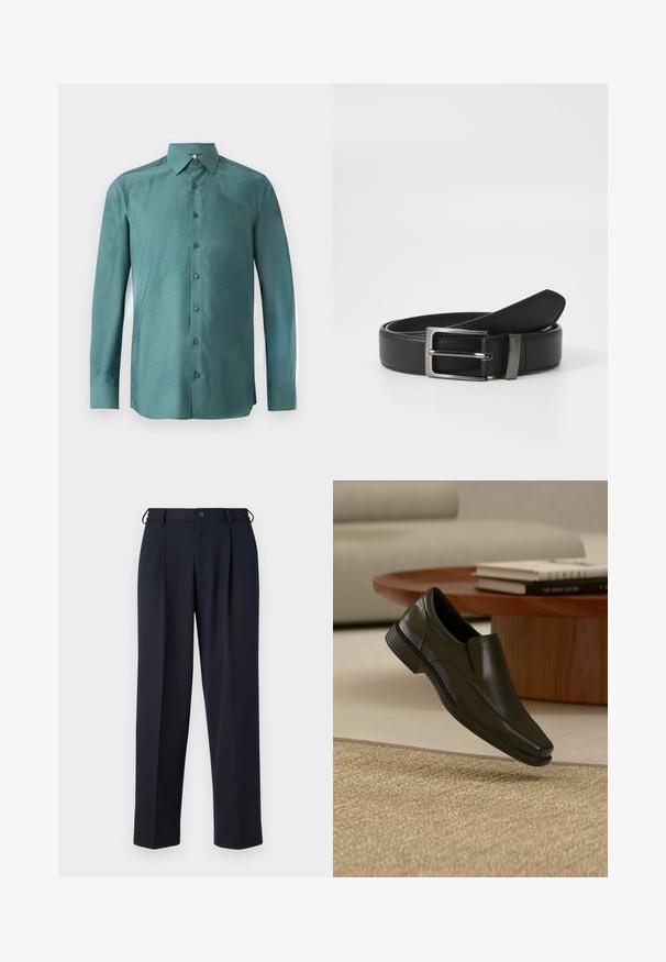 Chemise à manches longues en tissu teal avec un tissage texturé, fermeture à boutons sur le devant, col pointu et boutons assortis. Design légèrement ajusté.; Pantalon bleu marine sur mesure avec fermeture devant par bouton et zip, passants de ceinture et poches latérales, présenté sur un fond blanc.; Chaussure habillée noire en cuir sans lacets flottant au-dessus d'un tapis beige tissé, avec une table basse ronde en bois et des livres empilés en arrière-plan.; Ceinture en cuir noir avec une boucle en métal argenté, présentant une finition lisse et un design classique. La ceinture est soigneusement pliée.