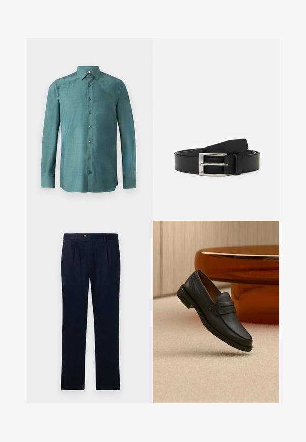 Chemise à manches longues en tissu teal avec un tissage texturé, fermeture à boutons sur le devant, col pointu et boutons assortis. Design légèrement ajusté.; Pantalons en coton bleu marine avec une coupe droite, présentant un pli avant, une fermeture à bouton et un style minimaliste.; Mocassin homme en cuir noir avec une bande sur le dessus, présenté sur un tapis beige près d'une table ronde moderne marron.; Ceinture en cuir noir avec une boucle en argent brillante, présentant une forme rectangulaire et un petit logo près de la boucle. Texture lisse.