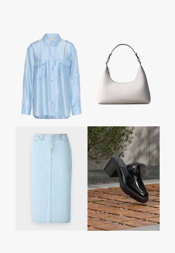 Lichtblauw satijnen overhemd met lange mouwen, knoopsluiting aan de voorkant, twee borstzakken met klep en schouderepauletten.; Lichtblauwe denim kokerrok met een hoge taille, vijf-pocket ontwerp en subtiele stiksels langs de naden.; Zwarte leren Calvin Klein slip-on mule met blokhak rustend op houten tegels buiten, vlak bij een groene plant en een grijze muur.; Romige Calvin Klein leren schoudertas met gebogen bovenrand, zilveren rits en donkerbruine verstelbare riem.