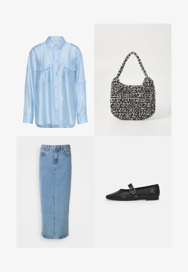Vaaleansininen pitkähihaista satiinpaita nappikiinnityksellä, kahdella rintataskulla ja olkapäähineillä.; Vaaleansininen denim-midi-hame, jossa suora siluetti, etupainonappi kiinnitys ja sivutaskut. Sisältää hienovaraisia ompeleita ja brändin logolla varustetun lapun.; Mustat nahkakengät, joissa on pyöreä kärki, yksi säädettävä solkiremmija sileä, kiiltävä pinta. Minimalistinen muotoilu ja matala korko.; Kudottu käsilaukku mustavalkoisena, pyöreällä muotoilulla, tekstuuripinnalla ja pitkillä punottu kahvalla. Sopii arkikäyttöön.