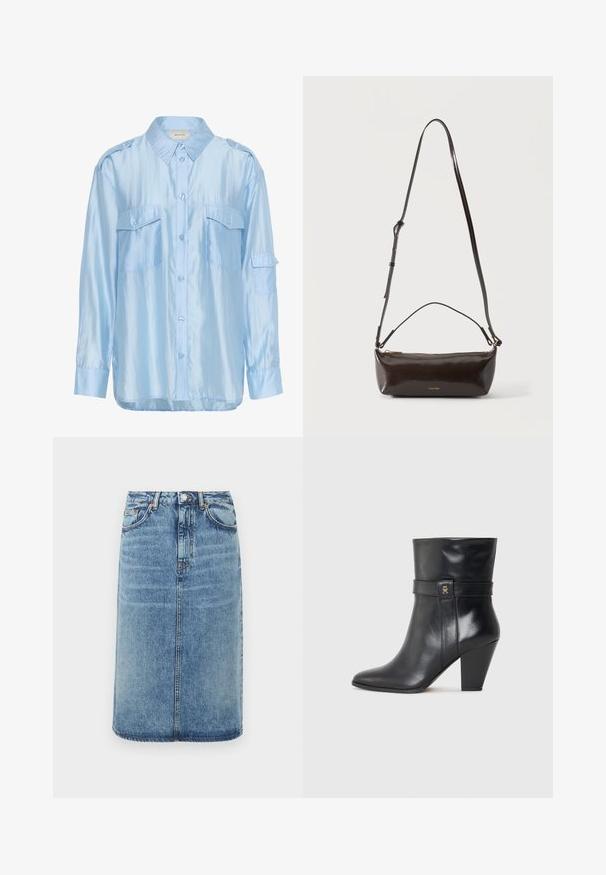 Lichtblauw satijnen overhemd met lange mouwen, knoopsluiting aan de voorkant, twee borstzakken met klep en schouderepauletten.; Denim rok in lichtblauw. Heeft een rechte silhouet, vijf zakken, en een knoopsluiting met riemlussen. Verweerde textuuraccenten.; Tommy Hilfiger Enkellaarsjes met hoge hak - black; Kleine glanzende donkerbruine leren schoudertas met verstelbare riem, bovenhandvat en gouden ritssluiting.
