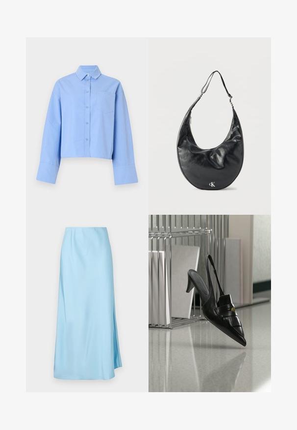Chemise courte bleu clair en tissu, avec un devant à boutons, de grands poignets et une poche poitrine avec un branding discret.; Jupe midi bleu clair avec une texture lisse, dotée d'une légère fente latérale et d'une ceinture élastique pour le confort et la facilité de port.; Chaussure à talon slingback en cuir noir à bout pointu avec franges et bouton doré, sur un sol réfléchissant près de porte-dossiers métalliques.; Sac d'épaule en cuir noir en forme de croissant avec une sangle ajustable et un logo argenté « cK » à l'avant, sur fond blanc.
