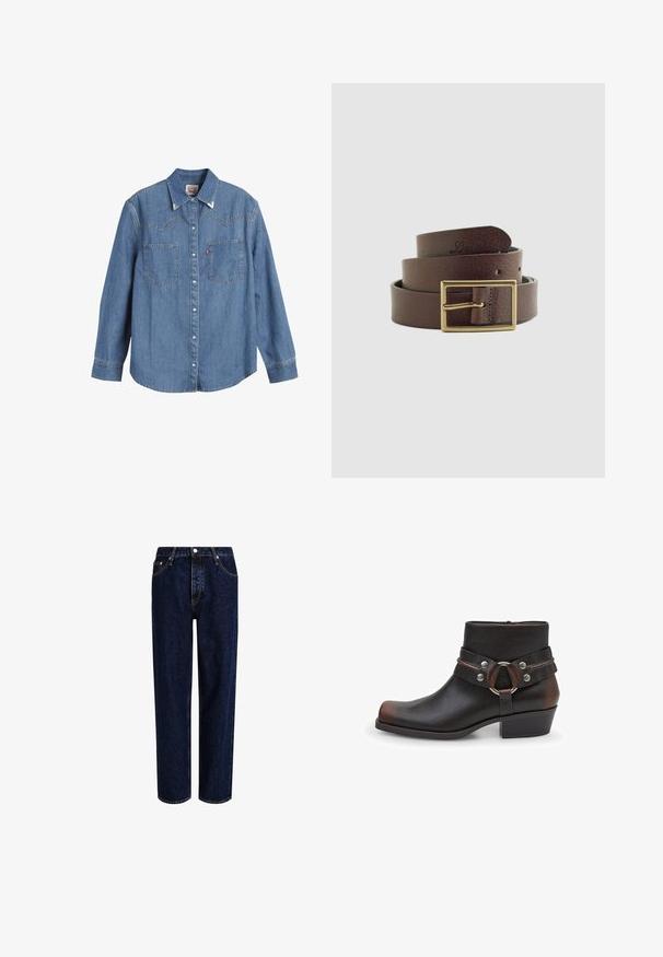 Camisa de mezclilla azul clara con mangas largas, cuello puntiagudo, dos bolsillos en el pecho y costuras en contraste. Presenta un diseño de canesú de estilo occidental.; Jeans de mezclilla azul oscuro con un diseño de pierna recta, que presentan una cintura alta, estilo de cinco bolsillos y costuras en contraste. Sin adornos.; Bota de tobillo de cuero negra con punta redondeada, detalles de hardware plateado y una correa con un hebilla circular. Diseño de tacón bloque.; Cinturón de cuero marrón oscuro enrollado con una hebilla rectangular de latón y el logo "Levi's" en relieve en la punta de la correa.