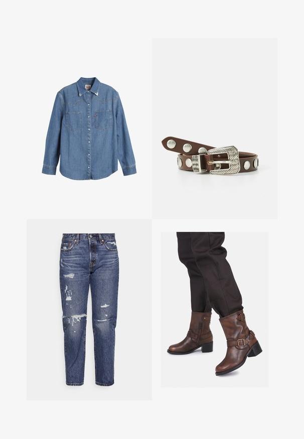 Heledsinine denim särk pika varrukaga, terava krae, kahe rinnatasku ja kontrastsete õmblustega. Omab läänest inspireeritud kätetõusu disaini.; Sinised teksad, millel on lõdva istuvus, sisaldavad kulunud piirkondi ja hõõrduvaid ääriseid. Klassikaline 5-tasku disain koos metallist aksessuaaridega.; Pruuni nahast ankle saapad jämeda kontsaga, millel on metallist pandlad, dekoratiivsed rihmad ja külg zipper mugavaks kasutamiseks.; Pruun nahast vöö, millel on dekoratiivne hõbedane pandla, millel on kalasaba muster ja suured metallist nupukesed vöö peal.