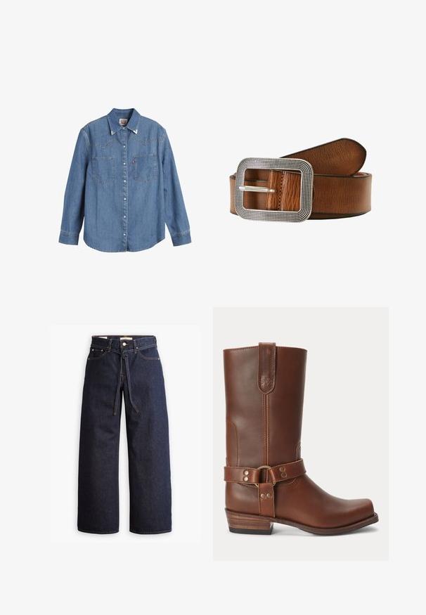 Camisa de mezclilla azul clara con mangas largas, cuello puntiagudo, dos bolsillos en el pecho y costuras en contraste. Presenta un diseño de canesú de estilo occidental.; Jeans de mezclilla oscuros de pierna ancha con cintura alta, que cuentan con un lazo ajustable, cinco bolsillos y detalles de costura en contraste.; Bota marrón de cuero hasta la mitad de la pantorrilla con un tacón bajo de madera, punta redonda y una correa decorativa con tachuelas metálicas alrededor del tobillo.; Cinturón de cuero marrón con una hebilla rectangular en tono plata que presenta un diseño texturizado. La correa tiene un acabado liso y bordes redondeados.