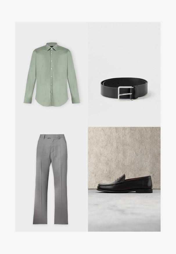 Chemise vert clair à manches longues, boutonnée, avec col pointu et ourlet arrondi, présentée à plat sur fond blanc.; Pantalon formel gris clair avec plis, poches avant, passants de ceinture et fermeture avant cachée, présenté sur un fond blanc uni.; Mocassin penny en cuir noir avec talon bas, bout arrondi et détails cousus à l'avant et sur les côtés, présenté sur un fond neutre.; Ceinture en cuir noir à finition lisse, avec une boucle rectangulaire en métal argenté et plusieurs trous de réglage.