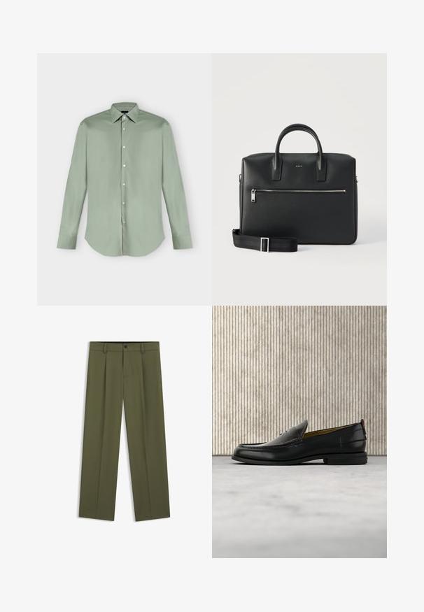 Chemise vert clair à manches longues, boutonnée, avec col pointu et ourlet arrondi, présentée à plat sur fond blanc.; Pantalon droit couleur vert olive avec passants pour ceinture, bouton devant et braguette zippée, présenté à plat sur fond blanc.; Mocassin pour homme en cuir noir avec un dessus embossé effet croco et un petit talon, présenté de profil sur un fond neutre.; Porte-documents en cuir noir avec deux poignées, poche zippée à l'avant, bandoulière amovible et petit logo BOSS sur une surface à texture lisse.