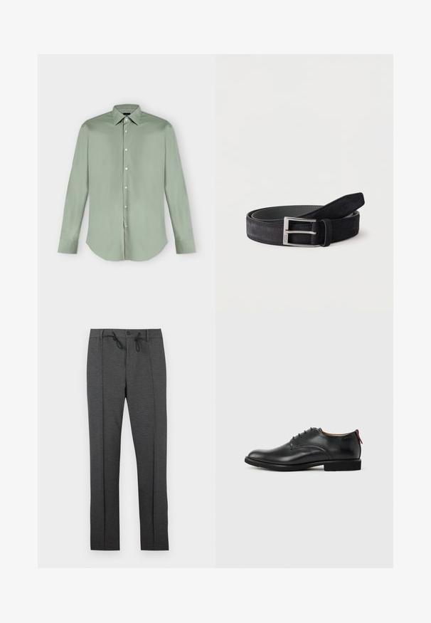 Chemise vert clair à manches longues, boutonnée, avec col pointu et ourlet arrondi, présentée à plat sur fond blanc.; Pantalon gris foncé à jambes droites avec plis à l'avant, fermeture par bouton, et cordons de serrage noirs à la taille sur fond blanc.; Chaussure habillée pour homme en cuir noir, à lacets sur l'avant, avec une languette rouge au talon, sur fond uni.; Ceinture en cuir suédé noir enroulée avec une boucle métallique rectangulaire argentée sur un fond blanc uni.