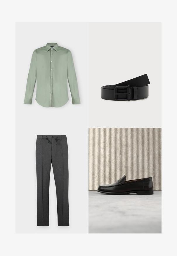 Chemise vert clair à manches longues, boutonnée, avec col pointu et ourlet arrondi, présentée à plat sur fond blanc.; Pantalon gris foncé à jambes droites avec plis à l'avant, fermeture par bouton, et cordons de serrage noirs à la taille sur fond blanc.; Mocassin penny en cuir noir avec talon bas, bout arrondi et détails cousus à l'avant et sur les côtés, présenté sur un fond neutre.; Ceinture en cuir noir enroulée avec une boucle en métal noir mat sur fond blanc.