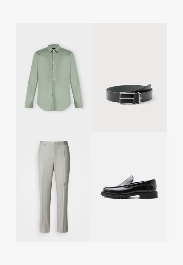 Chemise vert clair à manches longues, boutonnée, avec col pointu et ourlet arrondi, présentée à plat sur fond blanc.; Pantalon tailleur gris clair en tissu lisse, présentant une coupe droite, des plis à l'avant, et une ceinture classique avec passants pour ceinture.; Mocassin en cuir noir avec semelle en caoutchouc épaisse, dessus cousu et nom de marque embossé sur le talon, présenté de profil sur fond blanc.; Ceinture en cuir noir avec une boucle rectangulaire argentée et une petite boucle argentée attachée, enroulée sur un fond blanc.