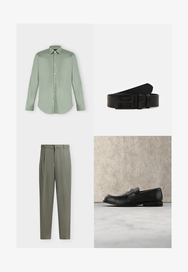 Chemise vert clair à manches longues, boutonnée, avec col pointu et ourlet arrondi, présentée à plat sur fond blanc.; Pantalon taille haute à jambes droites en vert olive doux avec passants, plis sur le devant et fermeture dissimulée.; Mocassin en cuir noir avec une plaque de marque en métal reposant près d'une table ronde marron sur un sol recouvert de moquette beige.; Ceinture en cuir noir roulée avec une boucle en métal rectangulaire noir mat et deux passants sur fond blanc.