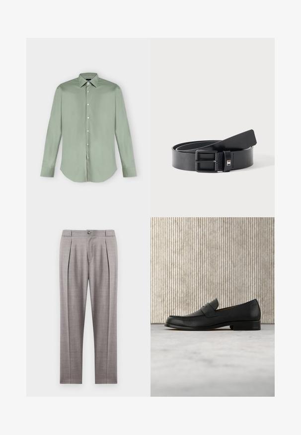 Chemise vert clair à manches longues, boutonnée, avec col pointu et ourlet arrondi, présentée à plat sur fond blanc.; Pantalon gris clair sur mesure avec plis, fermeture par bouton, et jambes droites, présenté sur un fond blanc.; Mocassin en cuir noir flottant au-dessus d'un tapis beige avec une table ronde brune brillante en arrière-plan.; Ceinture en cuir noir avec boucle métallique noire mate, légèrement enroulée avec l'extrémité de la lanière reposant sur une surface blanche.