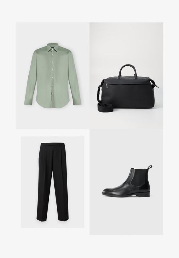 Chemise vert clair à manches longues, boutonnée, avec col pointu et ourlet arrondi, présentée à plat sur fond blanc.; Pantalon noir sur mesure avec jambes droites, plis à la taille, passants de ceinture et poches latérales fendues, présenté sur un fond uni.; Bottine en cuir noir avec des panneaux latéraux élastiques, bout rond et tirette. Texture lisse, semelle plate, design minimaliste.; Sac de voyage en cuir noir avec deux poignées supérieures, une bandoulière amovible et une poche avant zippée pour un espace de rangement supplémentaire.