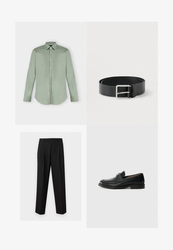 Chemise vert clair à manches longues, boutonnée, avec col pointu et ourlet arrondi, présentée à plat sur fond blanc.; Pantalon noir sur mesure avec jambes droites, plis à la taille, passants de ceinture et poches latérales fendues, présenté sur un fond uni.; Mocassins en cuir noir avec une finition lisse, dotés d'une bande supérieure texturée, d'un talon bas et de détails de couture minimalistes.; Ceinture en cuir noir à finition lisse, avec une boucle rectangulaire en métal argenté et plusieurs trous de réglage.