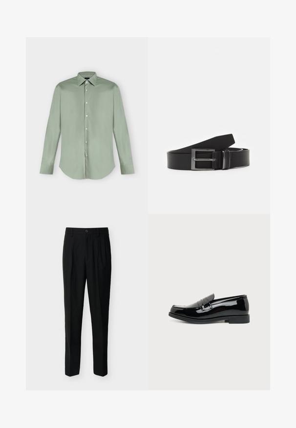 Chemise vert clair à manches longues, boutonnée, avec col pointu et ourlet arrondi, présentée à plat sur fond blanc.; Pantalon noir taille haute, ajusté, avec passants de ceinture, plis à l'avant, poches latérales et fermeture boutonnée avec zip.; Mocassin en cuir noir brillant avec un petit talon et une bride sur le dessus, vu de côté sur fond blanc.; Ceinture en cuir noir avec une boucle en métal argenté rectangulaire, au design plat et à la texture lisse. Les extrémités s'effilent pour un enfilage facile.