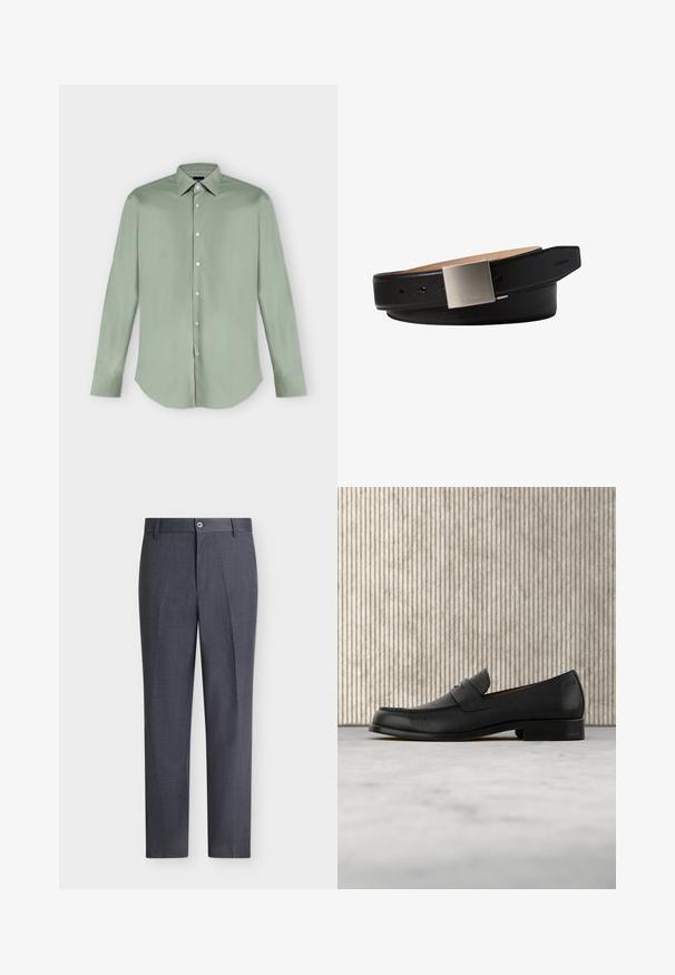 Chemise vert clair à manches longues, boutonnée, avec col pointu et ourlet arrondi, présentée à plat sur fond blanc.; Pantalon habillé sur mesure gris foncé avec fermeture par bouton et zip, passants de ceinture et coupe droite sur fond blanc.; Mocassin en cuir noir flottant au-dessus d'un tapis beige avec une table ronde brune brillante en arrière-plan.; Ceinture en cuir noire avec une boucle carrée en argent gravée d'un petit logo Calvin Klein sur fond blanc.