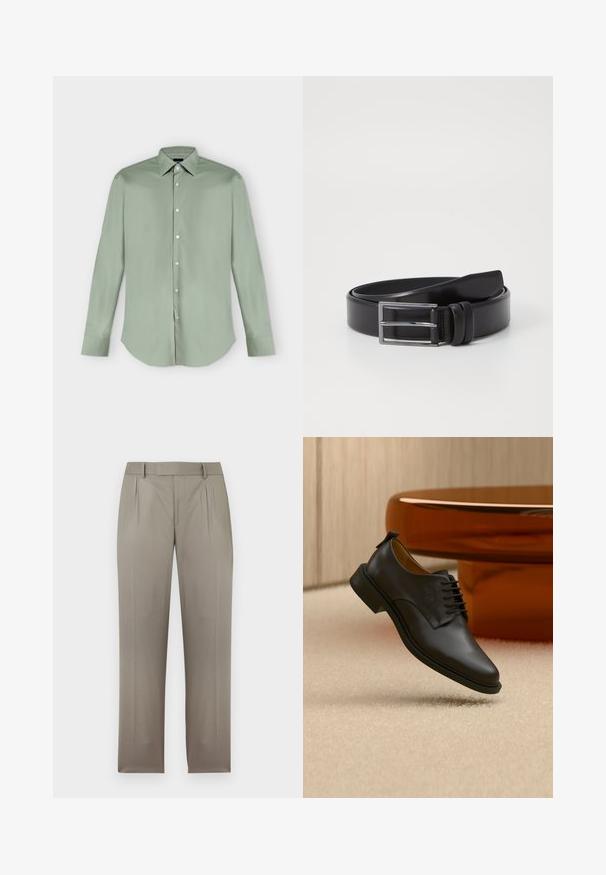 Chemise vert clair à manches longues, boutonnée, avec col pointu et ourlet arrondi, présentée à plat sur fond blanc.; Pantalon sur mesure marron clair avec passants de ceinture, plis avant et jambes droites, présenté sur fond blanc.; Chaussure habillée pour homme en cuir noir à lacets flottant au-dessus d'un tapis beige, avec une table basse ronde marron en arrière-plan.; Ceinture en cuir noir au toucher lisse, dotée d'une boucle rectangulaire en argent et d'un double détail de broche. Design classique et polyvalent.