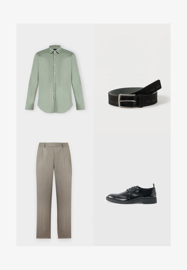 Chemise vert clair à manches longues, boutonnée, avec col pointu et ourlet arrondi, présentée à plat sur fond blanc.; Pantalon sur mesure marron clair avec passants de ceinture, plis avant et jambes droites, présenté sur fond blanc.; Chaussure habillée en cuir noir brillant avec un petit talon, fermeture à lacets et bout rond, vue de côté sur un fond uni et clair.; Ceinture en cuir noir avec boucle rectangulaire argentée, embossée du logo "BOSS" répété, enroulée sur fond blanc.