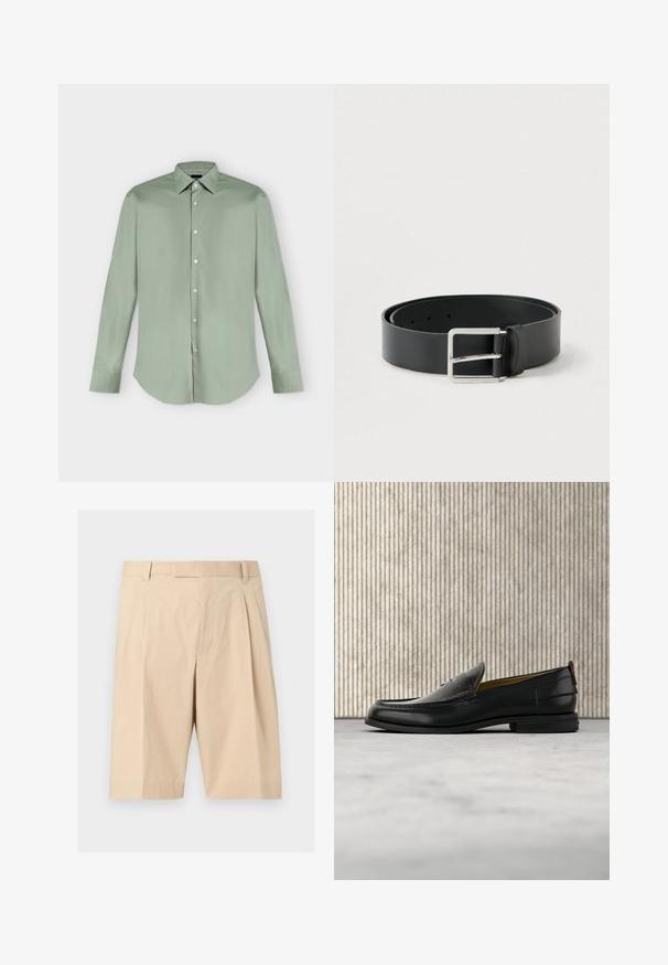 Chemise vert clair à manches longues, boutonnée, avec col pointu et ourlet arrondi, présentée à plat sur fond blanc.; Shorts beige mi-long cintrés avec passants pour ceinture, plis à l'avant et fermeture éclair cachée sur le devant.; Mocassin pour homme en cuir noir avec un dessus embossé effet croco et un petit talon, présenté de profil sur un fond neutre.; Ceinture en cuir noir à finition lisse, avec une boucle rectangulaire en métal argenté et plusieurs trous de réglage.