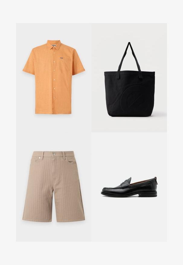 Korte mouwen oranje shirt van gestructureerde stof, met een button-down kraag en een borstzak met een merklogo.; Beige short gemaakt van gestructureerde stof met verticale strepen, een tailleband met een knoop aan de voorkant en zijzakken.; Zwarte leren herensloffen met moc toe stiksel, pennyriem, gestructureerde kraag en lage gestapelde hak op witte achtergrond.; Zwarte canvas tas met twee schouderbanden en een subtiel, ingebosseleerd cirkelvormig ontwerp aan de voorkant.
