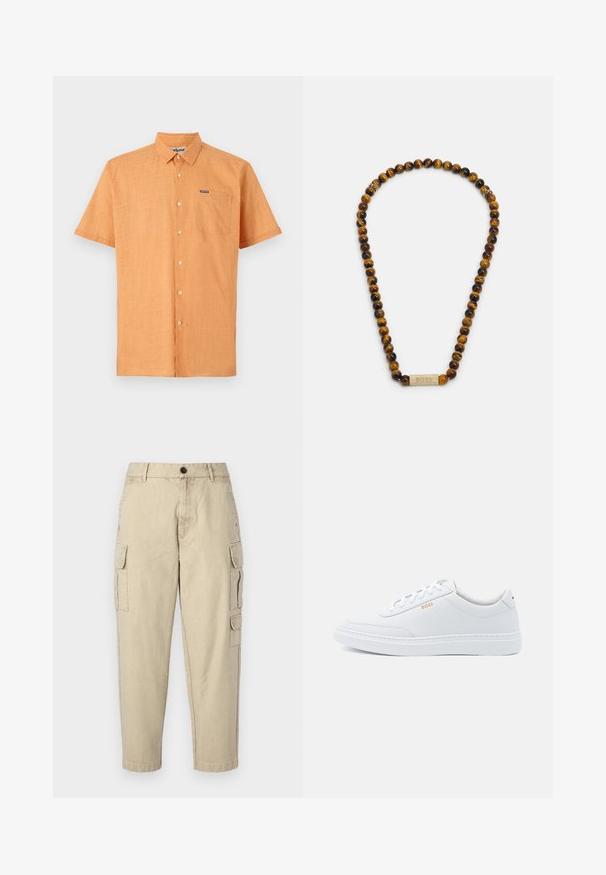 Korte mouwen oranje shirt van gestructureerde stof, met een button-down kraag en een borstzak met een merklogo.; Beige cargobroek gemaakt van zachte stof, met zijzakken, een knoopsluiting en een tapered leg ontwerp.; Witte leren sneakers met een gladde textuur, ronde neus en tonale stiksels. Voorzien van blauwe veters en een gouden logo op de zijkant.; Bruin en zwart gestreepte tiger's eye kralenketting met een centrale goudkleurige BOSS logo accent. Glad, ronde kralen met een glanzende afwerking.