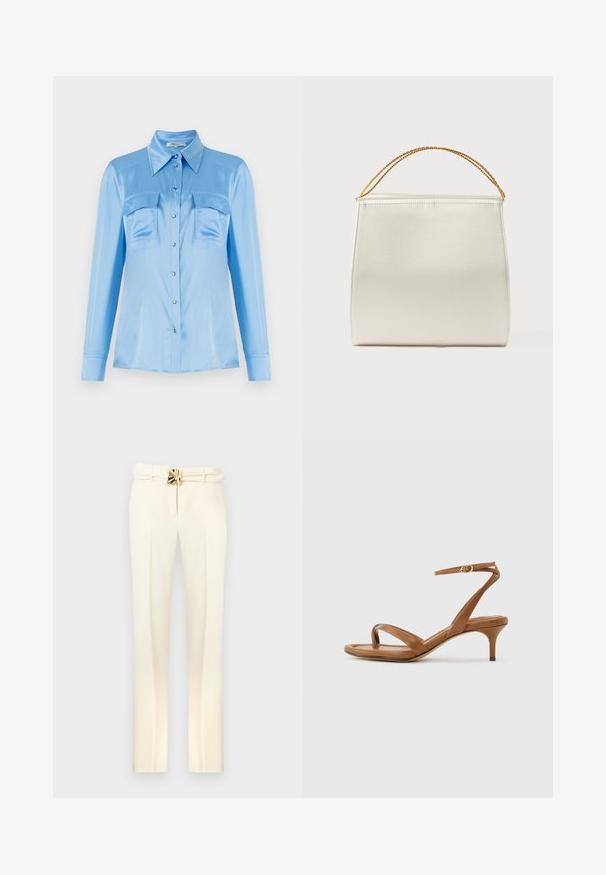 Camisa satinada azul claro de botones, con mangas largas, dos bolsillos frontales y un cuello puntiagudo. Presenta botones perlados y una textura suave.; Pantalones a medida de color crema con cintura con cinturón que presenta herrajes en tono dorado, piernas rectas y una textura suave y lisa.; Sandalia de cuero marrón con tiras, tacón bajo de estilo kitten y una correa en el tobillo con una pequeña hebilla, mostrada de lado sobre un fondo liso.; Bolso estructurado con acabado de satén, color crema, con una correa de cadena para el hombro. Presenta una textura plana y lisa, con costuras limpias.